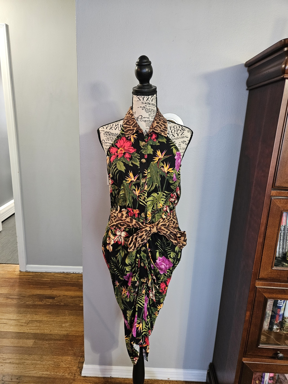 Venus Tropical Floral Halter Dress with Leopard Print Waist Tie